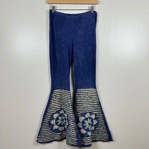 Jayli Women's M Flare Pants Blue Boho Floral Embroidered Bell Bottom Hippie 70s